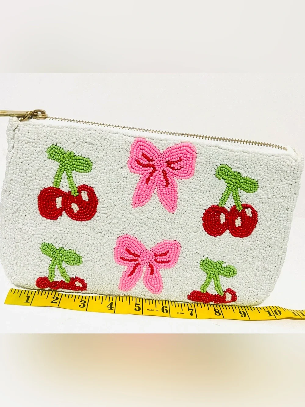 Wildfox White Beaded Cherry & Pink Bow Zip Pouch
